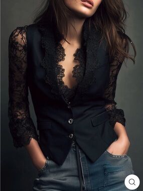 FuTario Elegant Black Lace Panel Sleeve Blazer Top